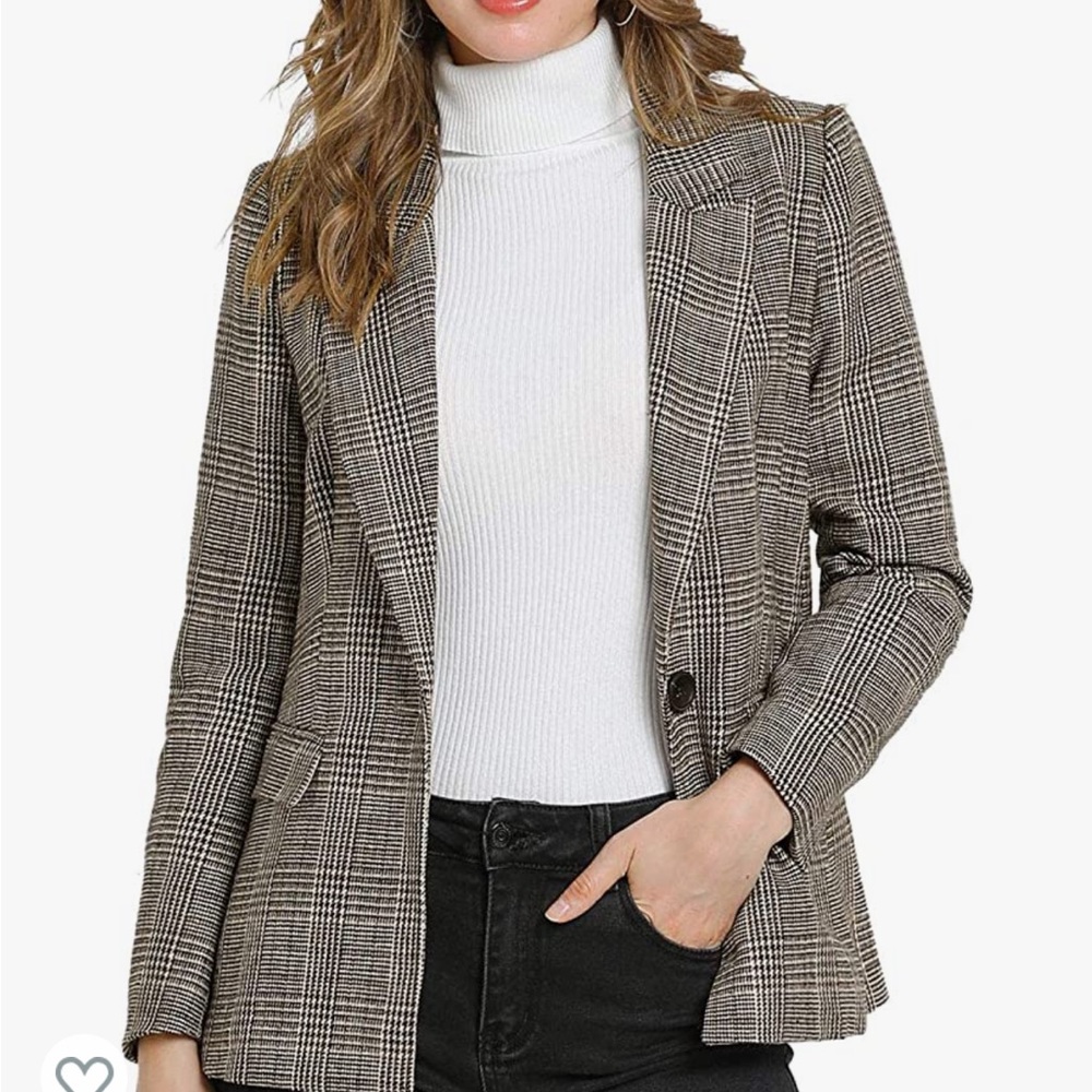 Allegra K Women's Plaid Notched Lapel One Button Houndstooth Blazer Jacket Large